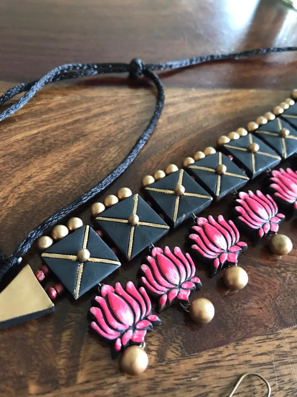 Terracotta Handcrafted Neckpiece with Earrings - Pink and Black Choker Set