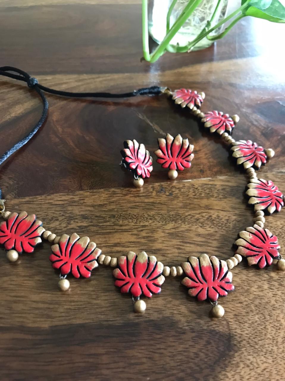 Terracotta Handcrafted Neckpiece with Earrings - Red and Gold