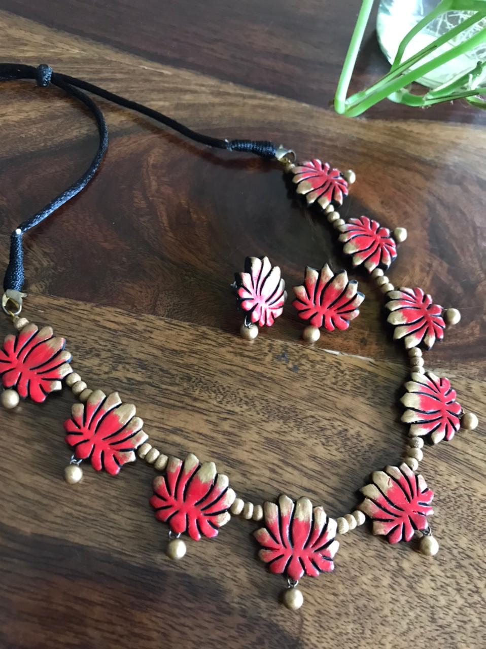 Terracotta Handcrafted Neckpiece with Earrings - Red and Gold