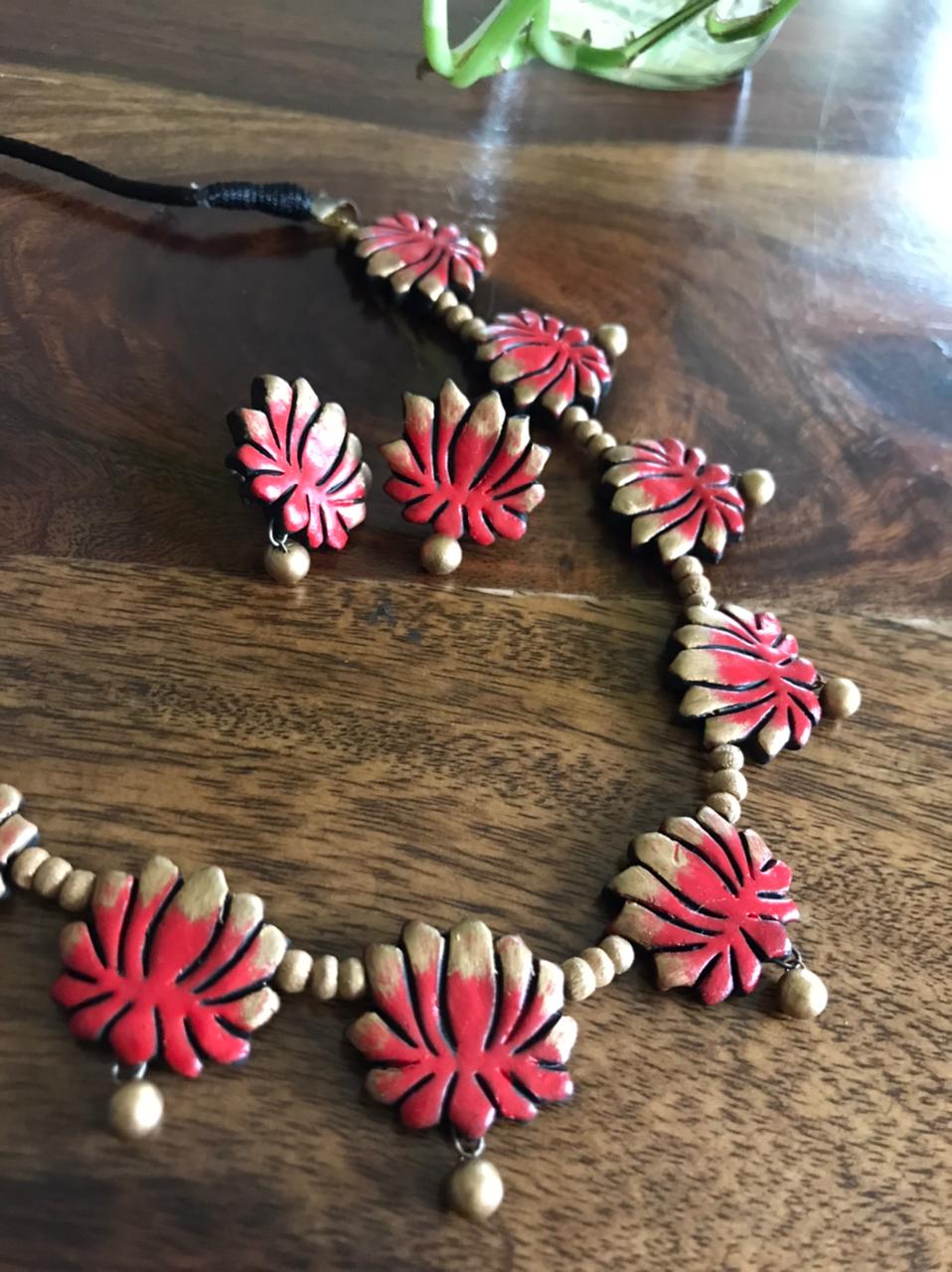 Terracotta Handcrafted Neckpiece with Earrings - Red and Gold