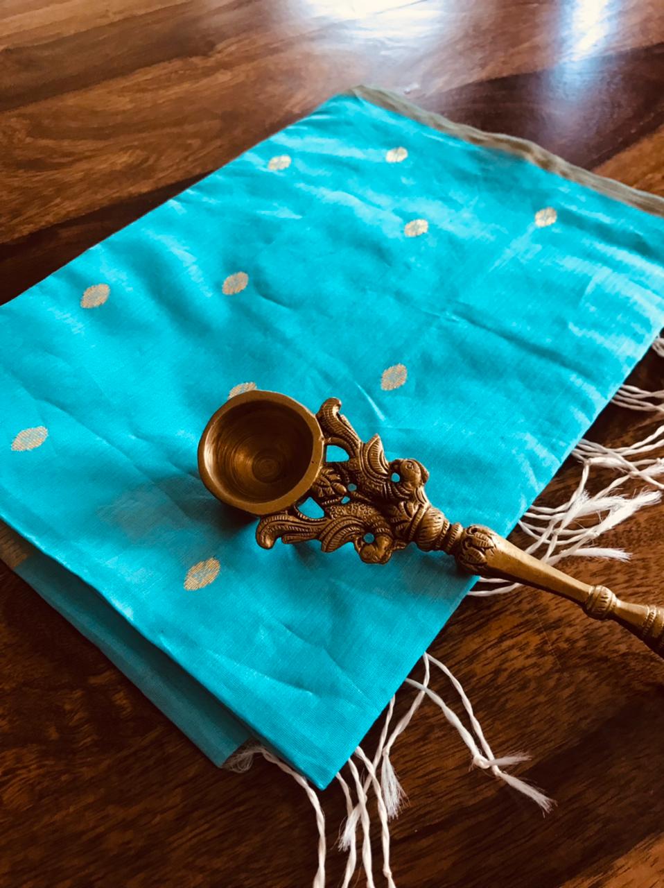 Chanderi Silk Handwoven Stole with zari motifs - Blue