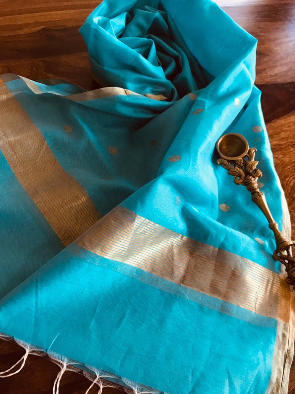 Chanderi Silk Handwoven Stole with zari motifs - Blue