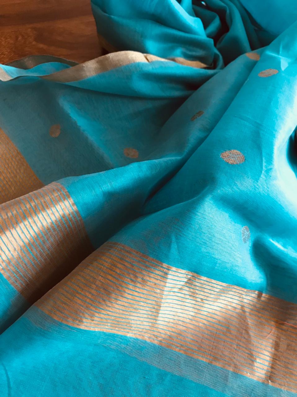 Chanderi Silk Handwoven Stole with zari motifs - Blue