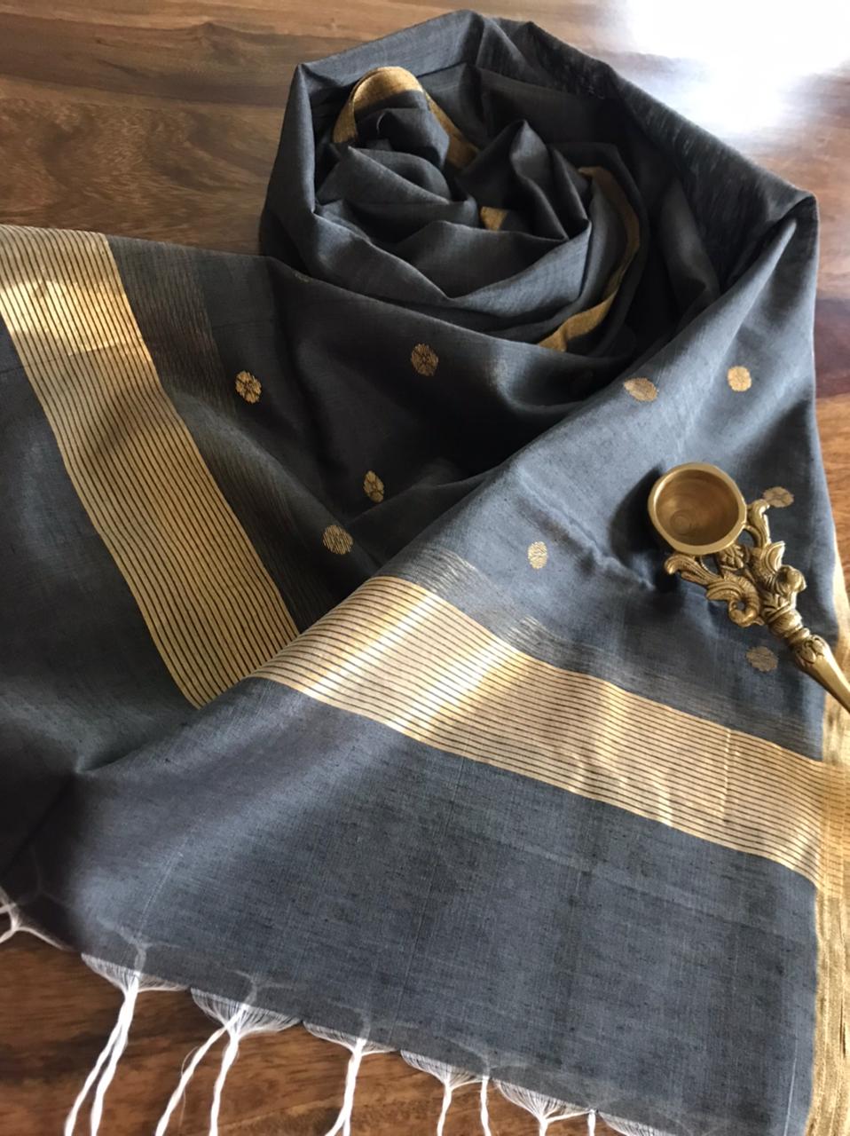 Chanderi Silk Handwoven Stole with zari motifs - Black