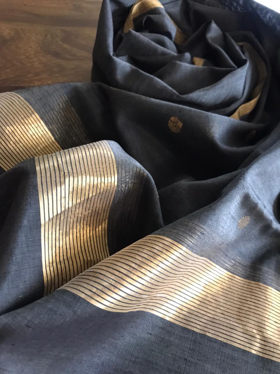 Chanderi Silk Handwoven Stole with zari motifs - Black