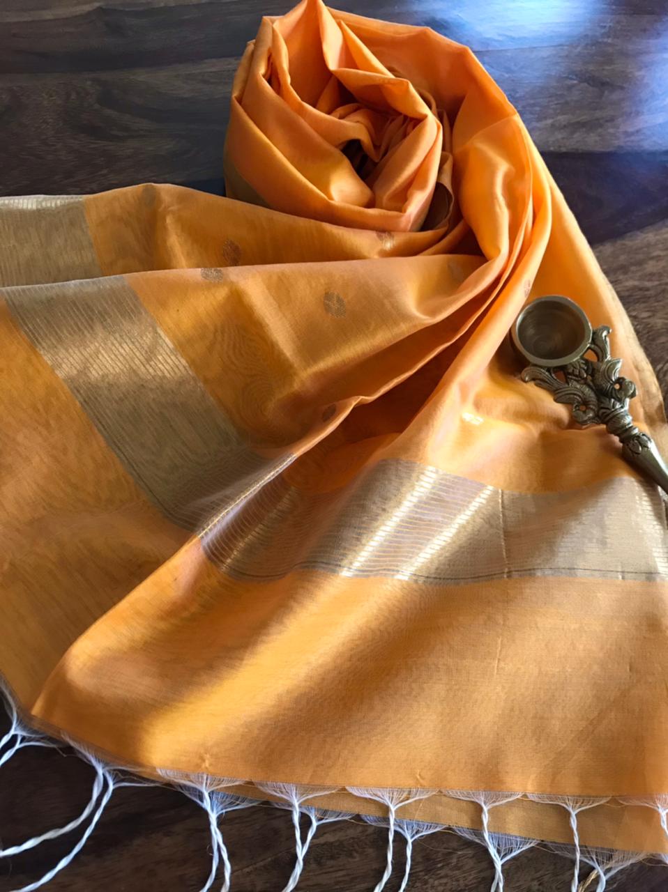 Chanderi Silk Handwoven Stole with zari motifs - Yellow