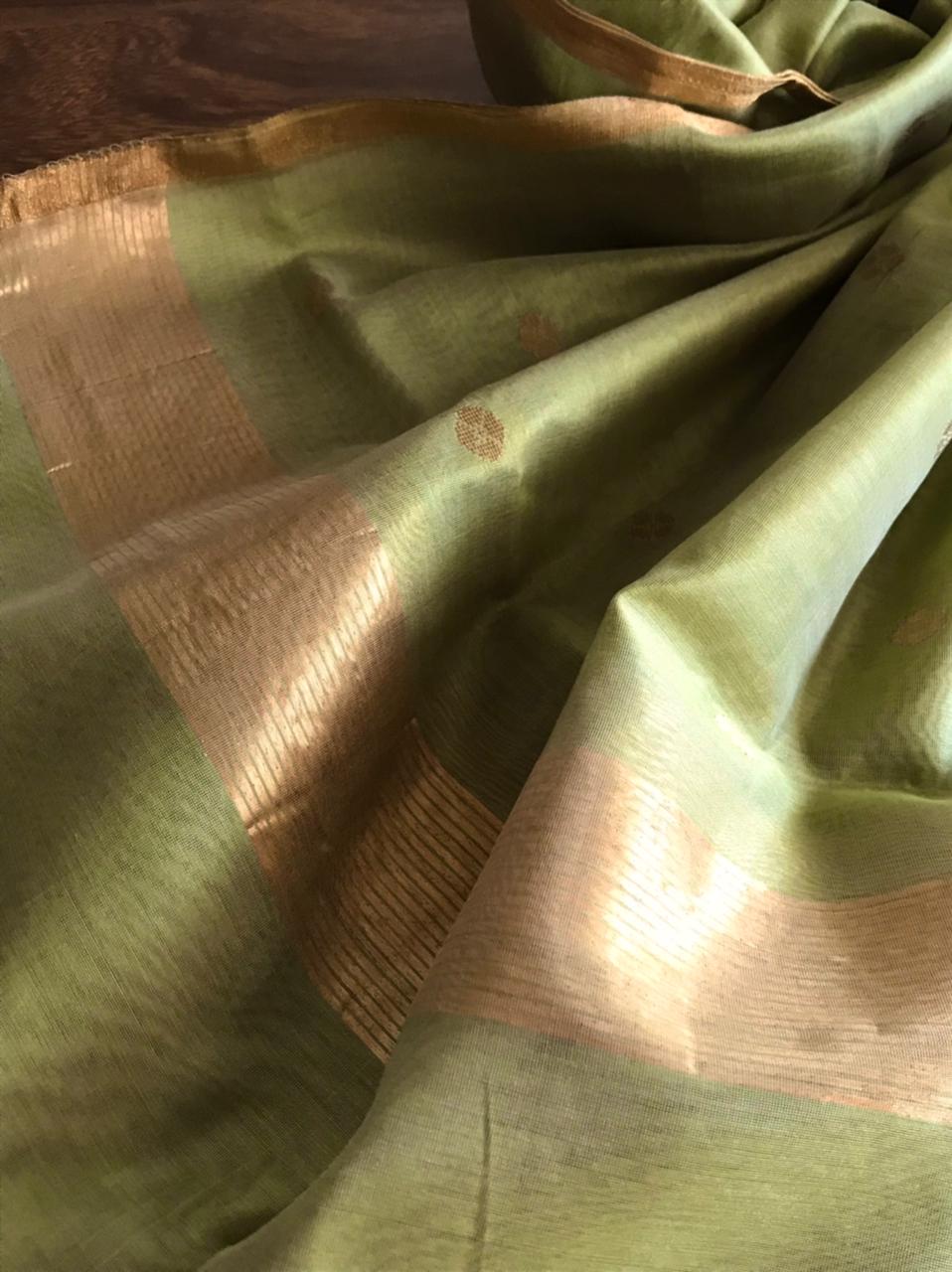 Chanderi Silk Handwoven Stole with zari motifs - Green