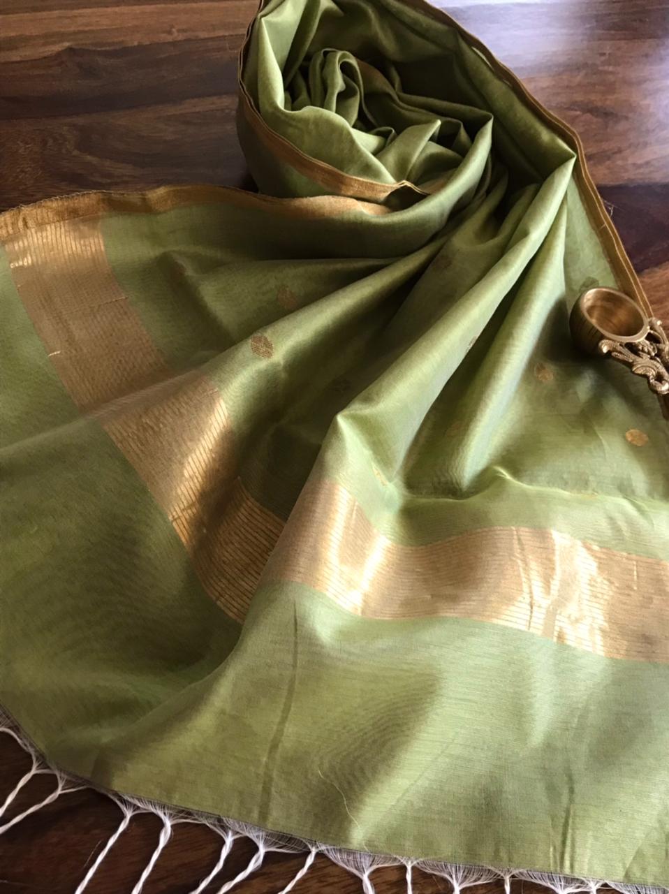 Chanderi Silk Handwoven Stole with zari motifs - Green