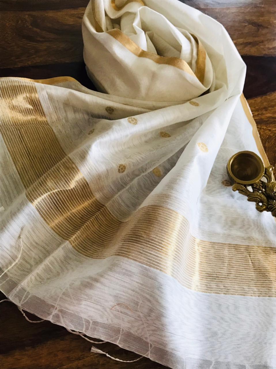 Chanderi Silk Handwoven Stole with zari motifs - Off white