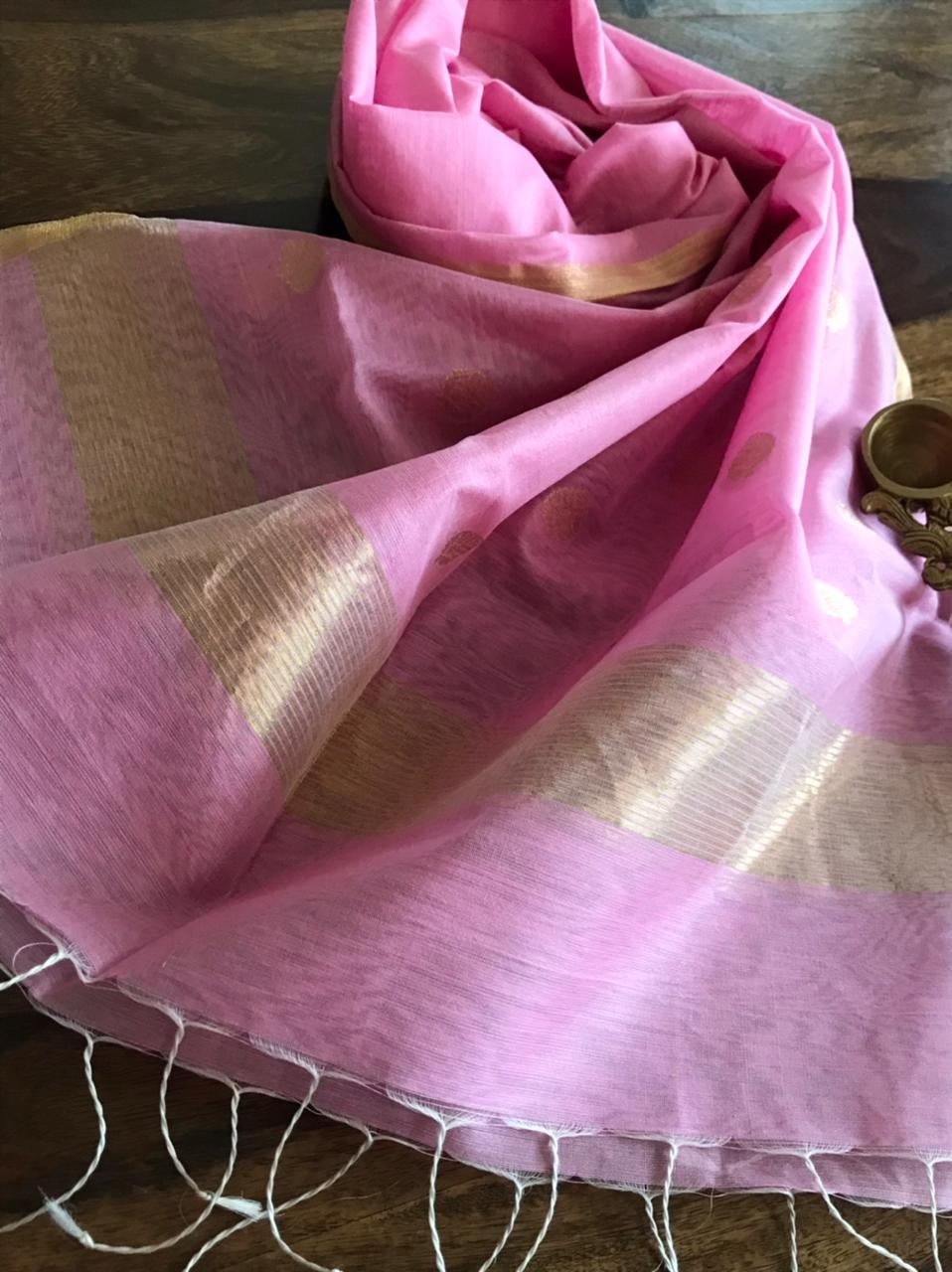 Chanderi Silk Handwoven Stole with zari motifs - Light Pink