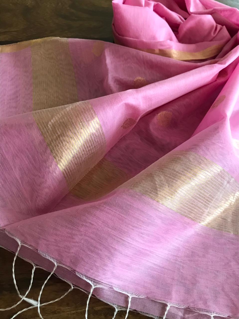Chanderi Silk Handwoven Stole with zari motifs - Light Pink