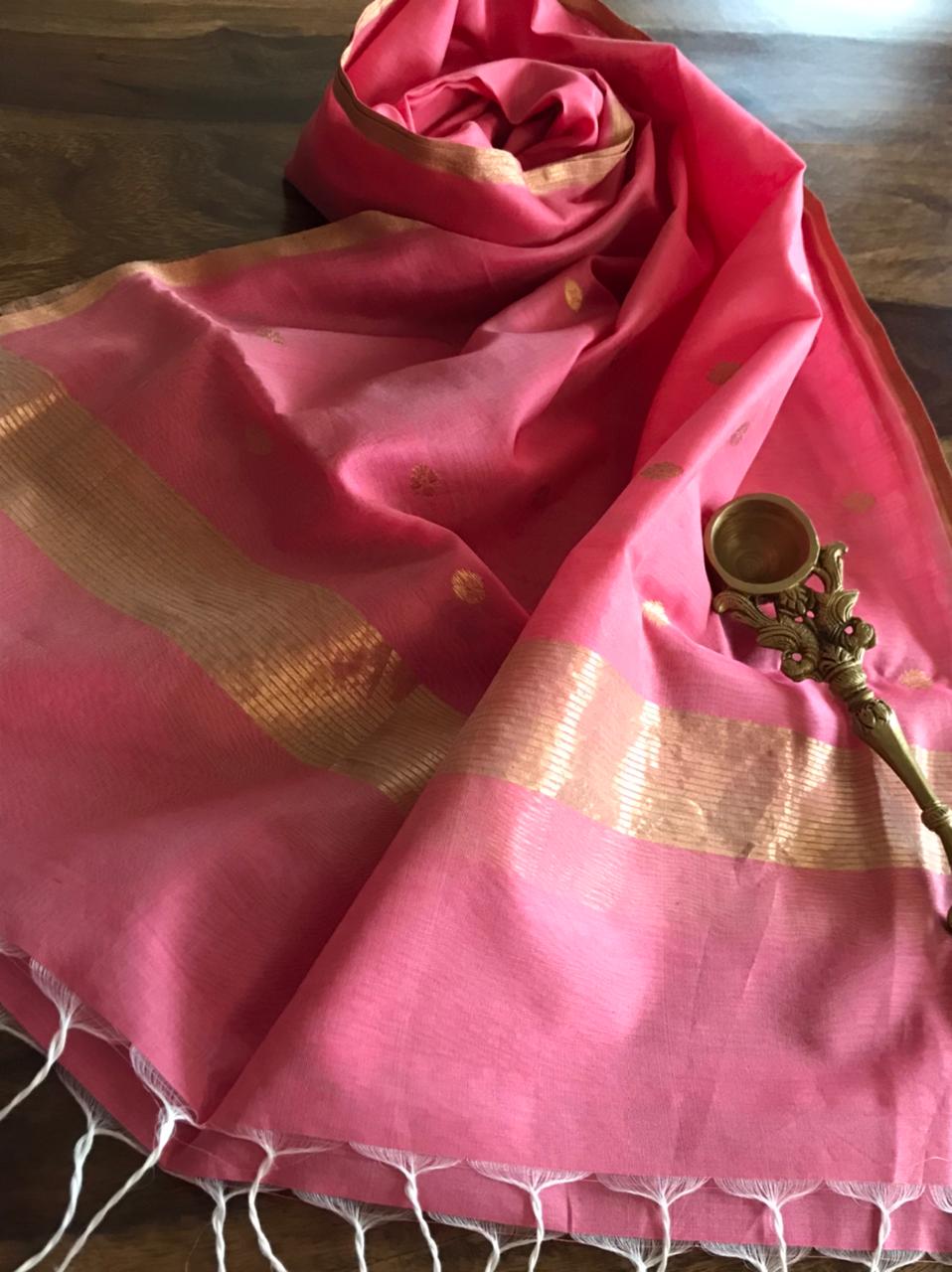 Chanderi Silk Handwoven Stole with zari motifs - Pink