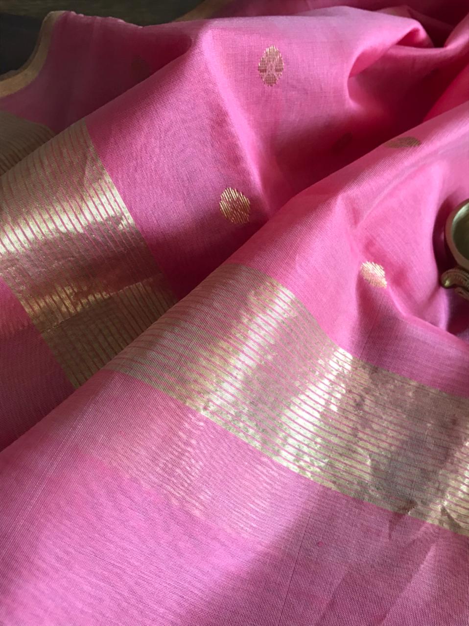 Chanderi Silk Handwoven Stole with zari motifs - Pink