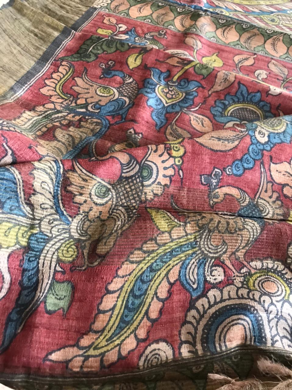 Exquisite Pure Tussar Handwoven saree with Hand Kalamkari Painting