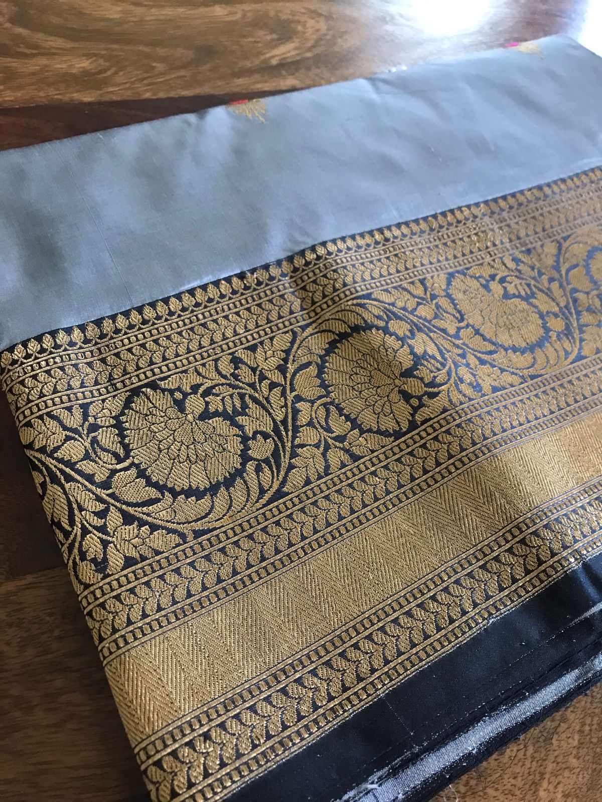 Pure Handloom Banarasi Katan Silk saree - Steel Grey with Black