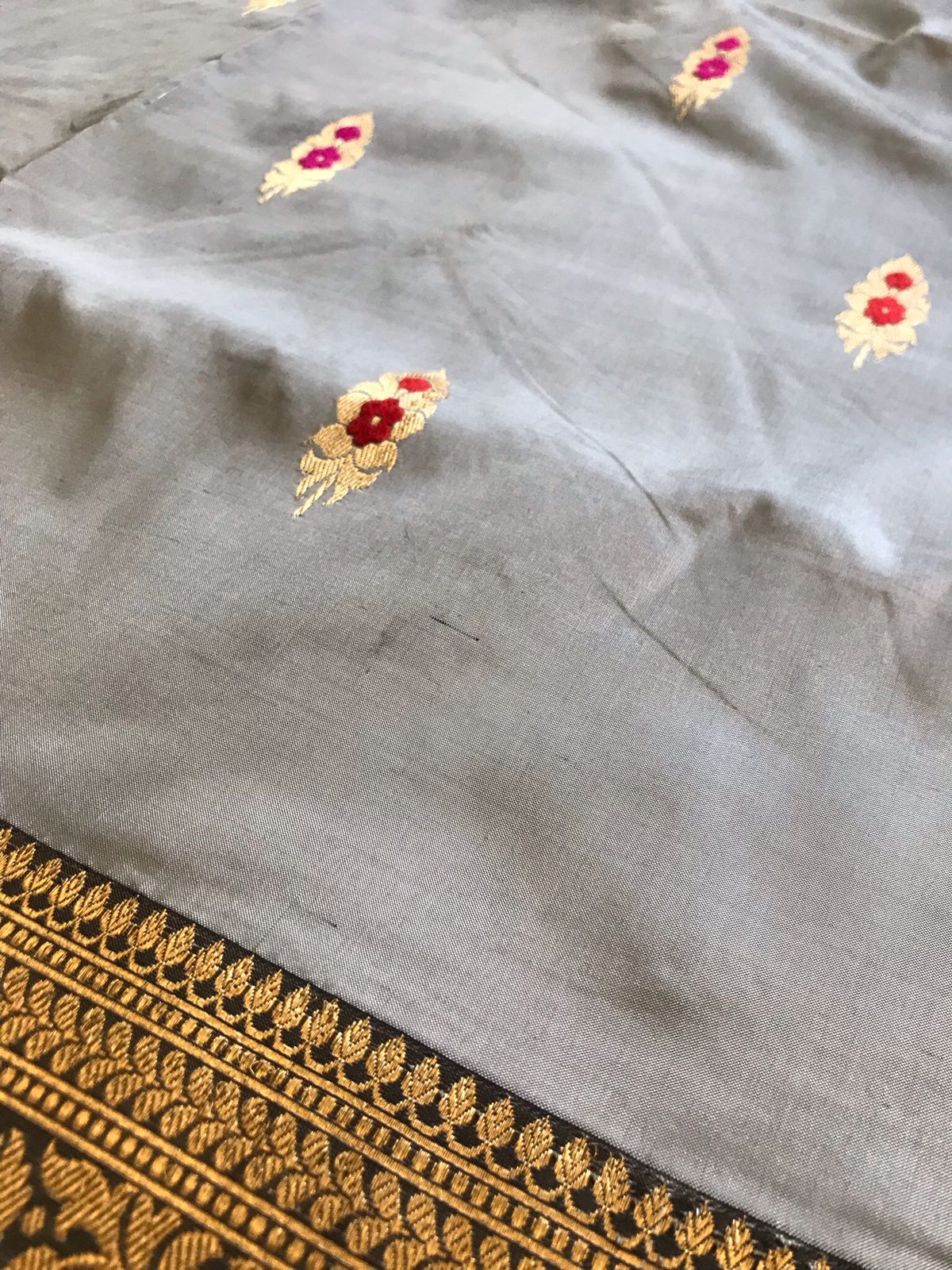 Pure Handloom Banarasi Katan Silk saree - Steel Grey with Black