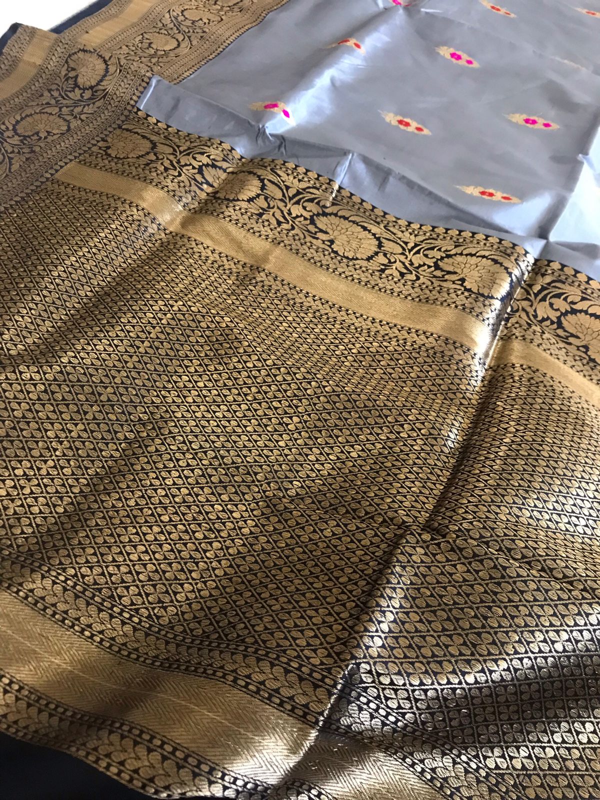 Pure Handloom Banarasi Katan Silk saree - Steel Grey with Black