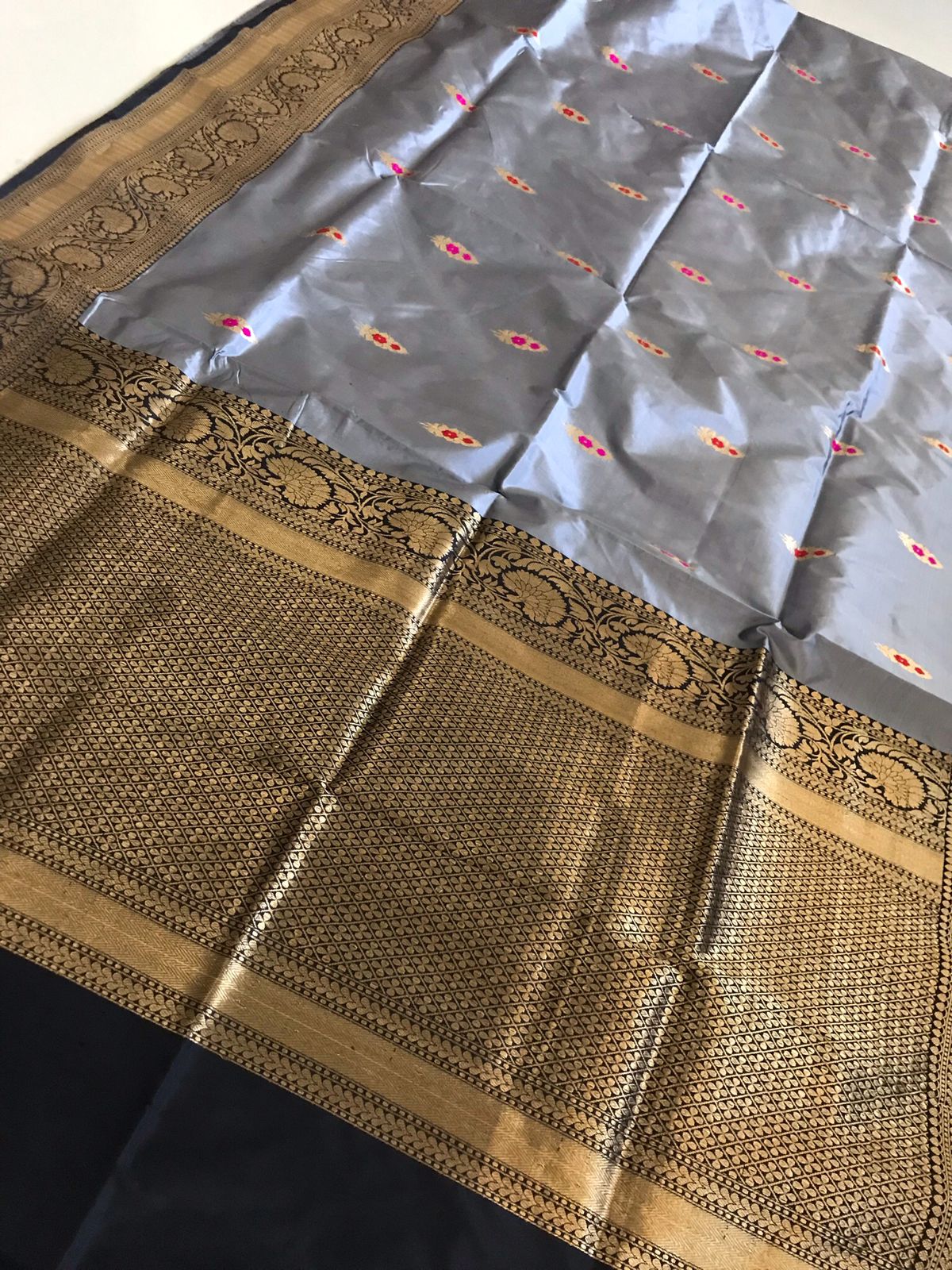 Pure Handloom Banarasi Katan Silk saree - Steel Grey with Black