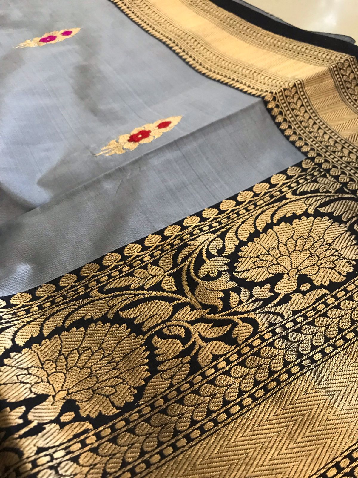 Pure Handloom Banarasi Katan Silk saree - Steel Grey with Black