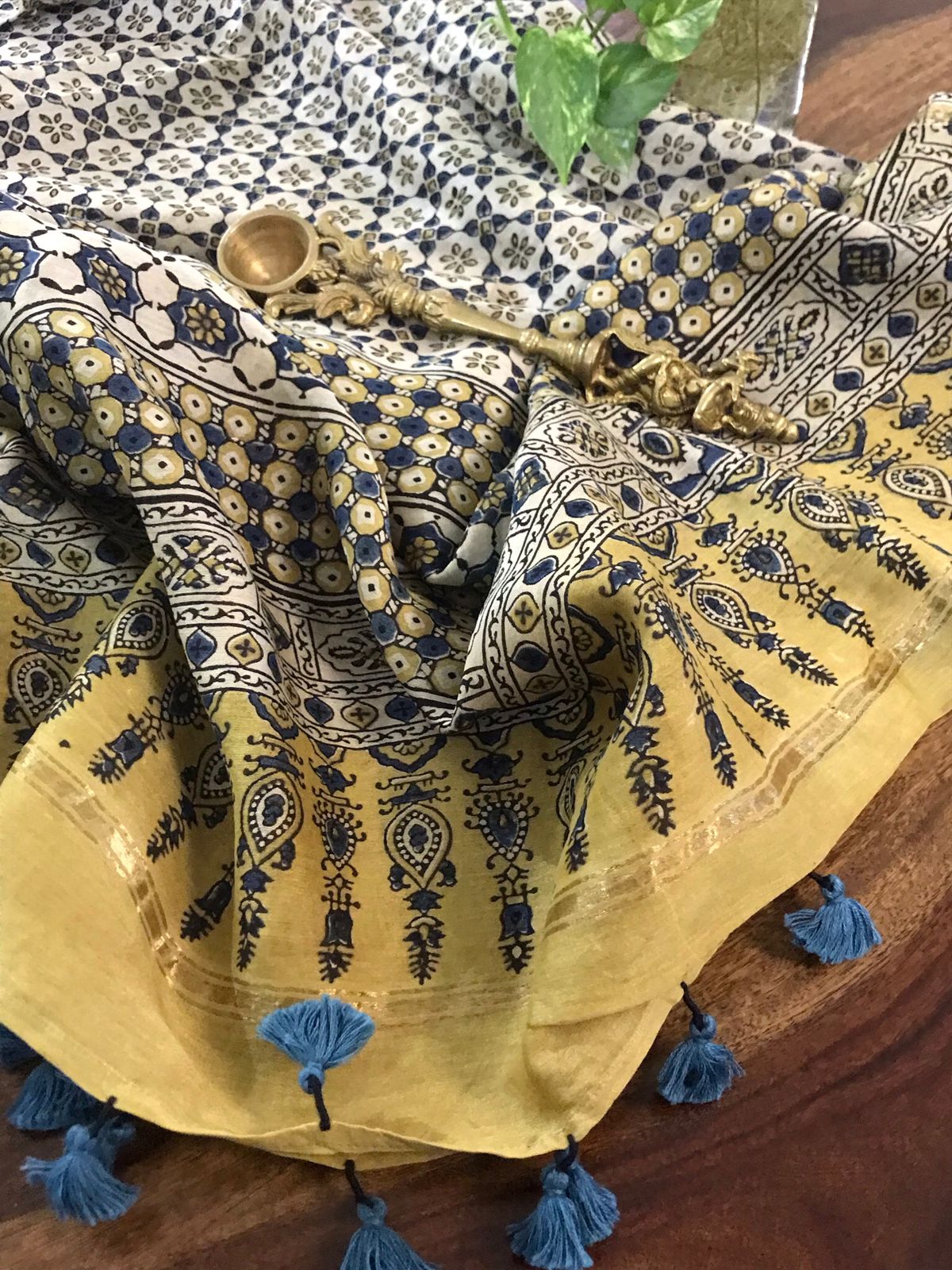Beautiful Chanderi Dupattas with Ajrakh Handblock print and zari border- Multicolour
