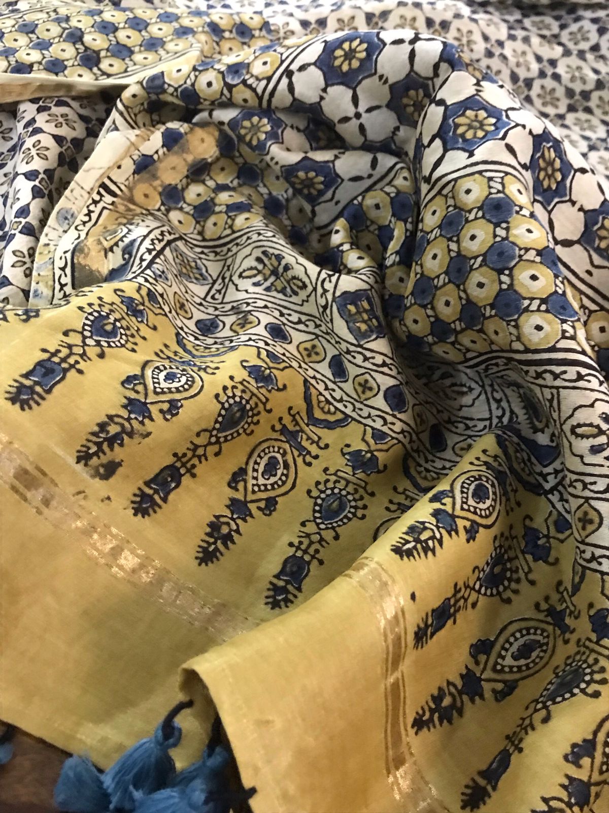 Beautiful Chanderi Dupattas with Ajrakh Handblock print and zari border- Multicolour