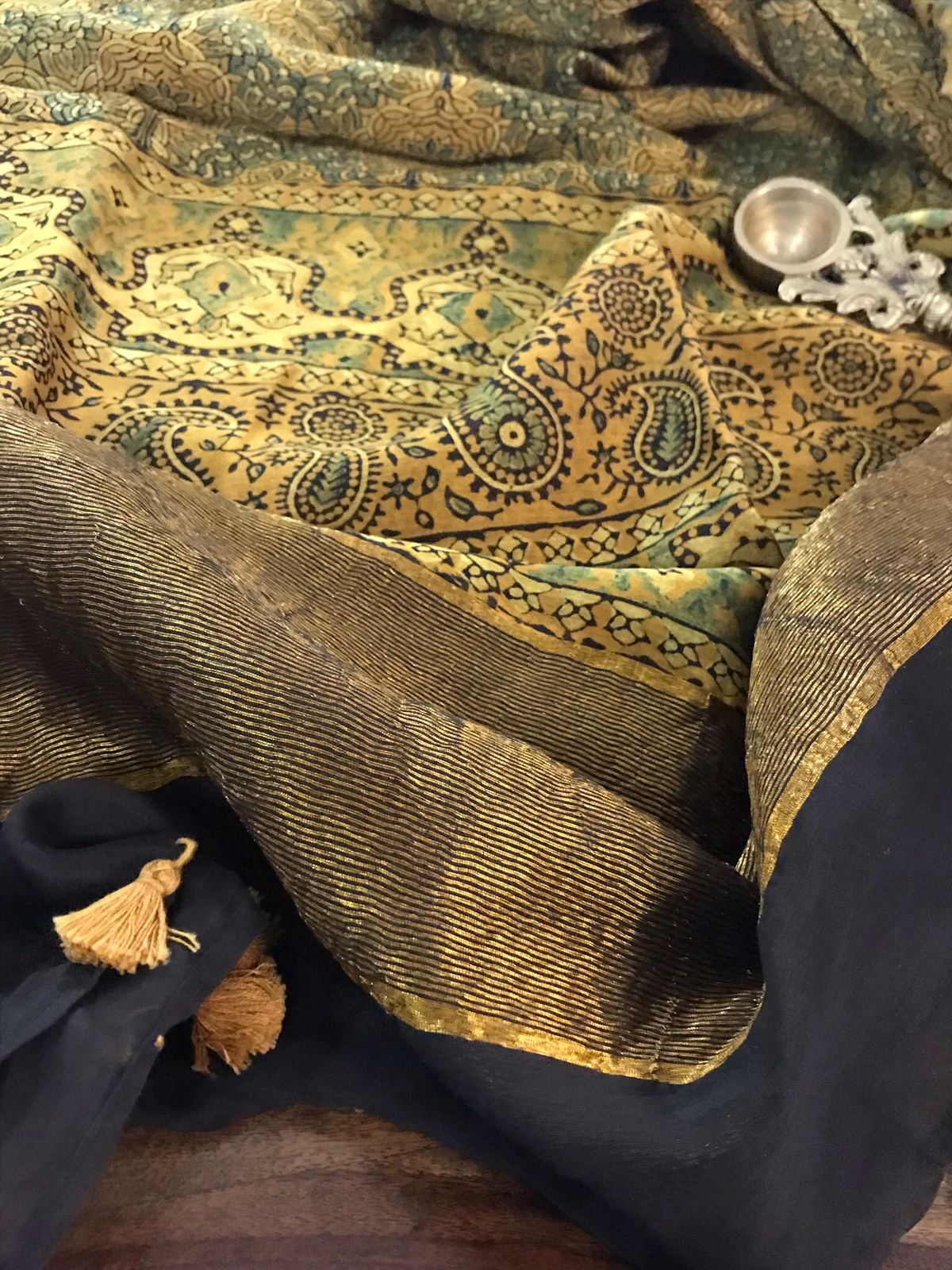 Beautiful Chanderi Dupattas with Ajrakh Handblock print and zari border- Yellow