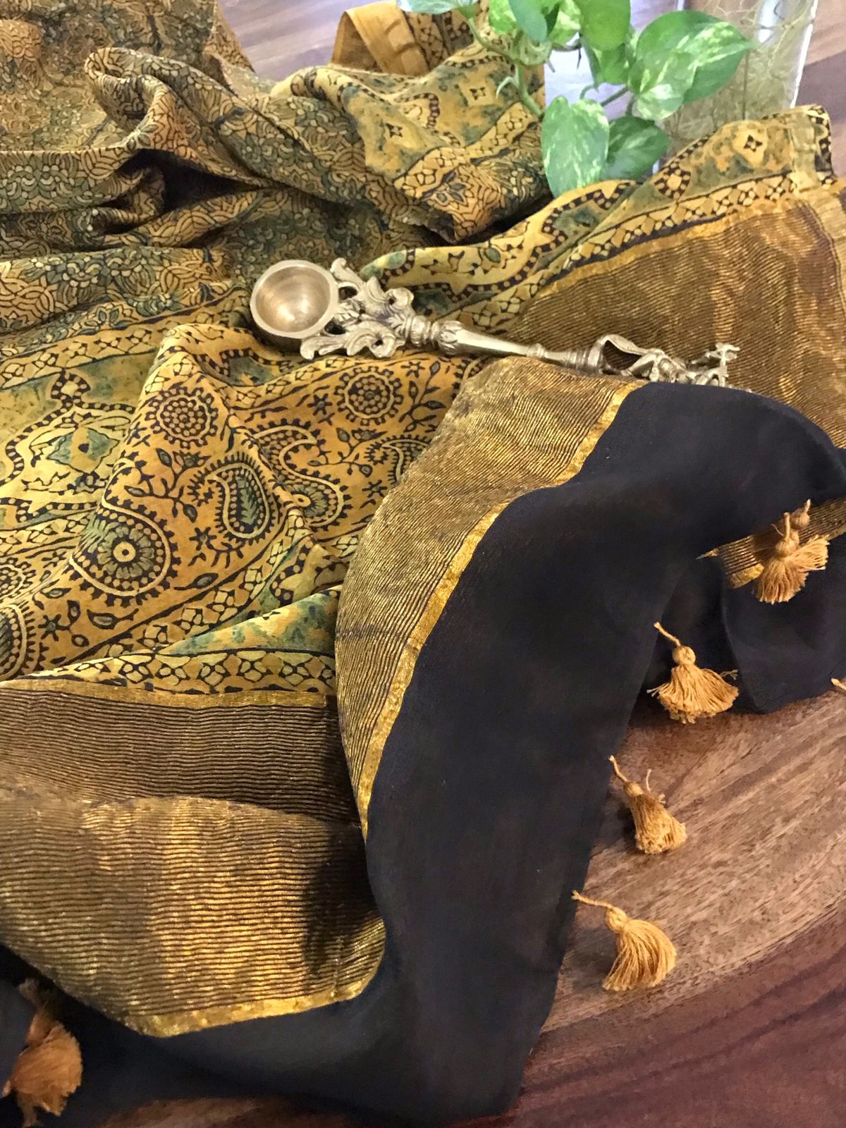 Beautiful Chanderi Dupattas with Ajrakh Handblock print and zari border- Yellow