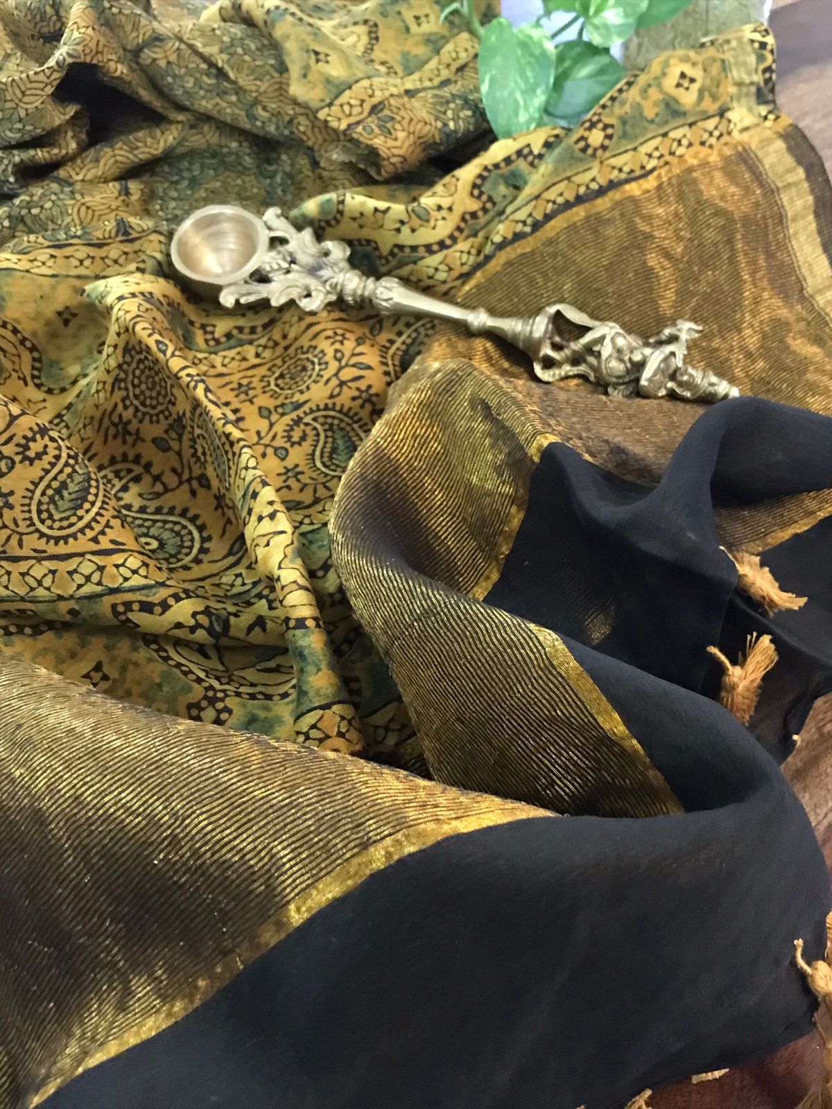 Beautiful Chanderi Dupattas with Ajrakh Handblock print and zari border- Yellow