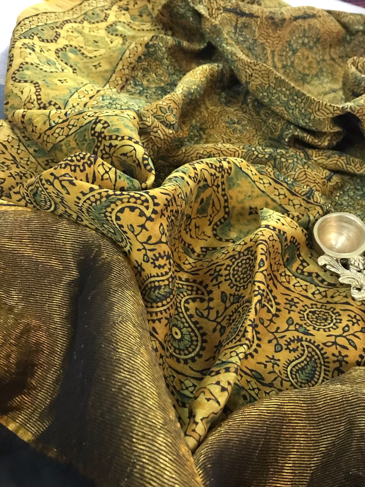 Beautiful Chanderi Dupattas with Ajrakh Handblock print and zari border- Yellow