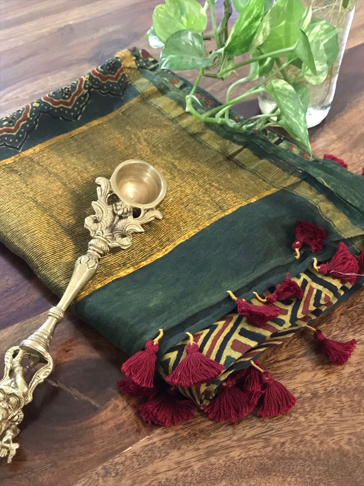 Beautiful Chanderi Dupattas with Ajrakh Handblock print and zari border- Green