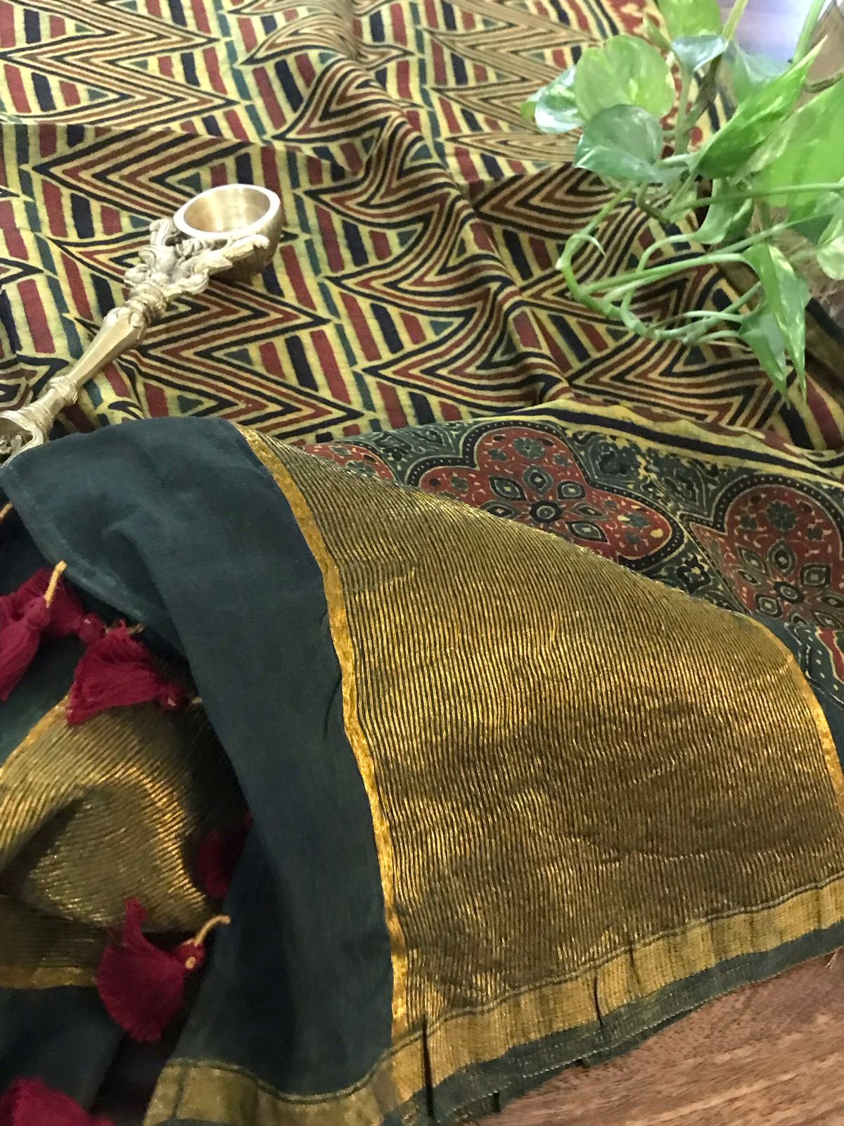 Beautiful Chanderi Dupattas with Ajrakh Handblock print and zari border- Green