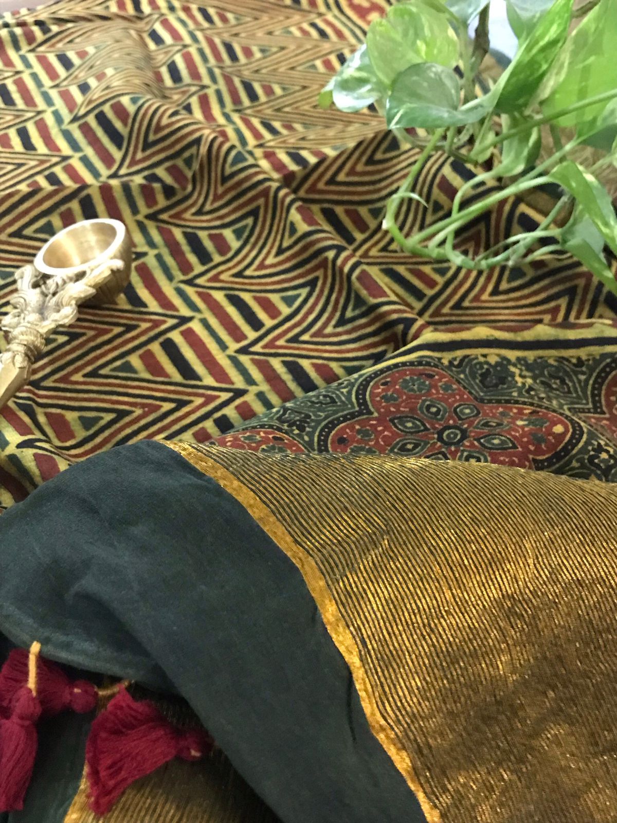 Beautiful Chanderi Dupattas with Ajrakh Handblock print and zari border- Green