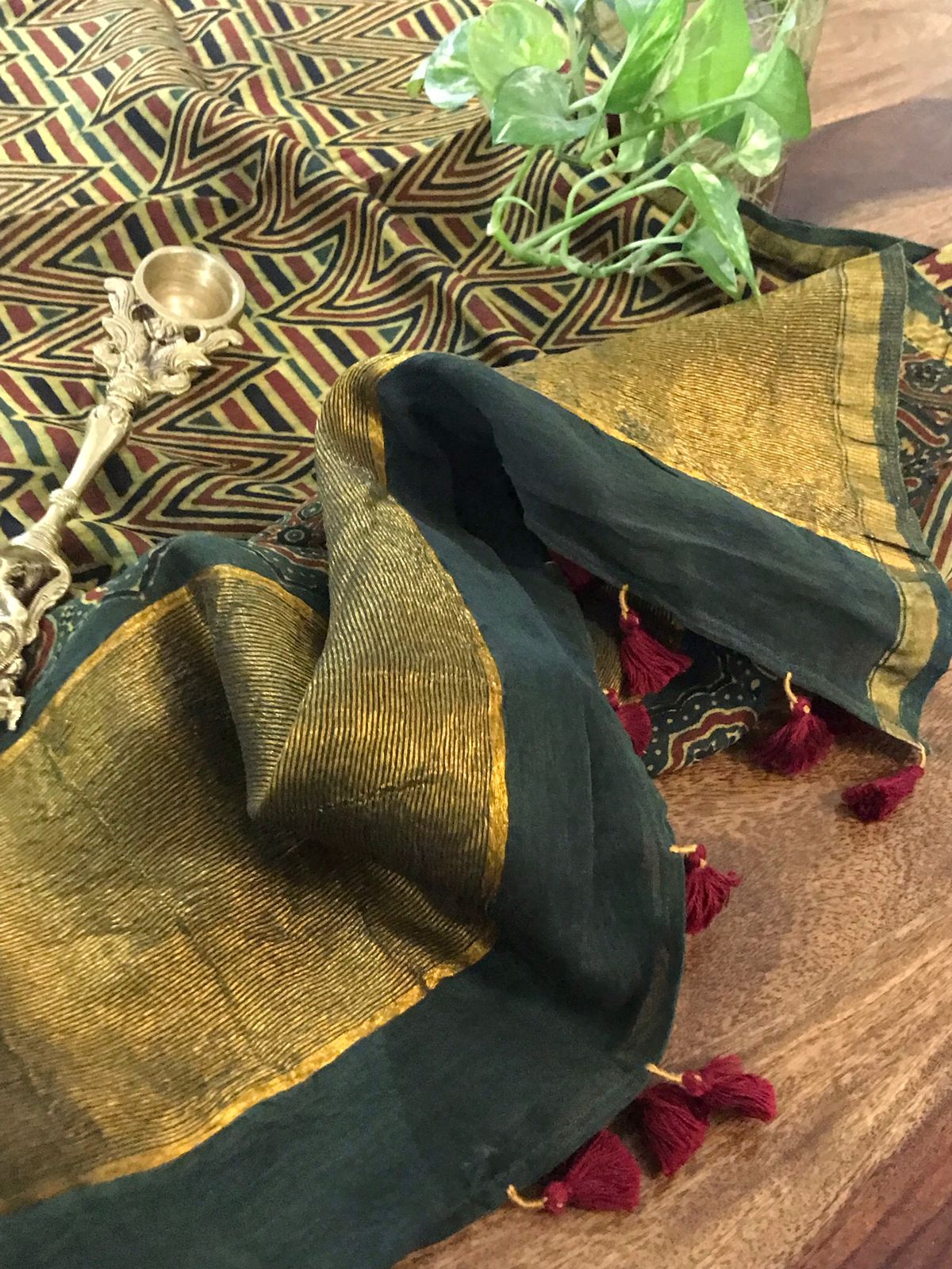 Beautiful Chanderi Dupattas with Ajrakh Handblock print and zari border- Green