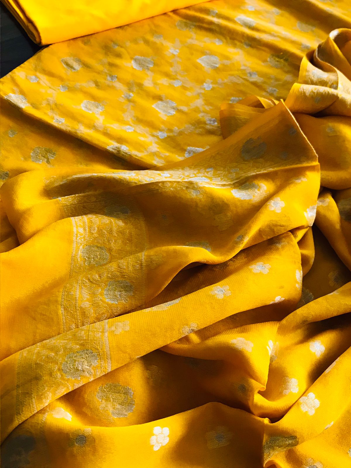 Exclusive pure georgette handwoven suits with Jaal weaving - Yellow
