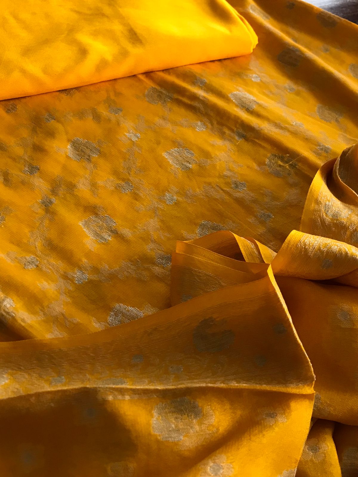 Exclusive pure georgette handwoven suits with Jaal weaving - Yellow