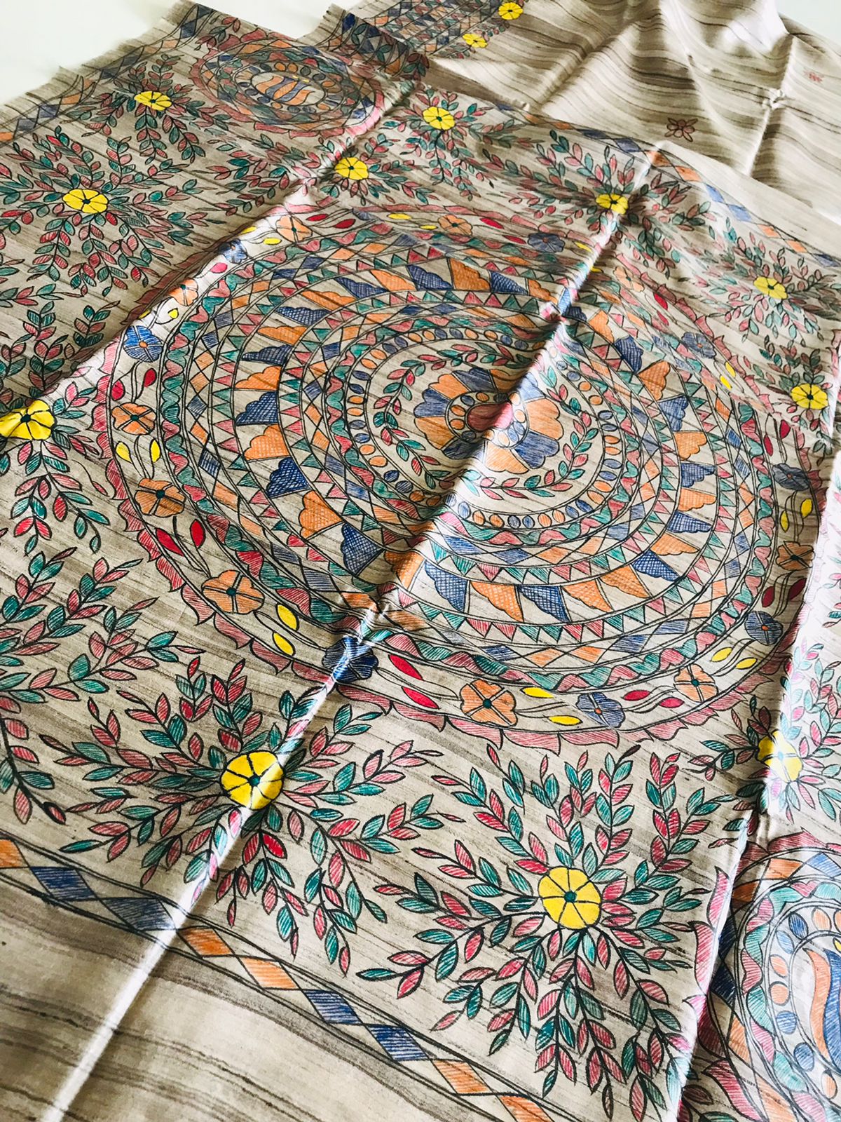 Pure Tussar Silk Handwoven saree with Madhubani Handpainting - Beige Multicolour