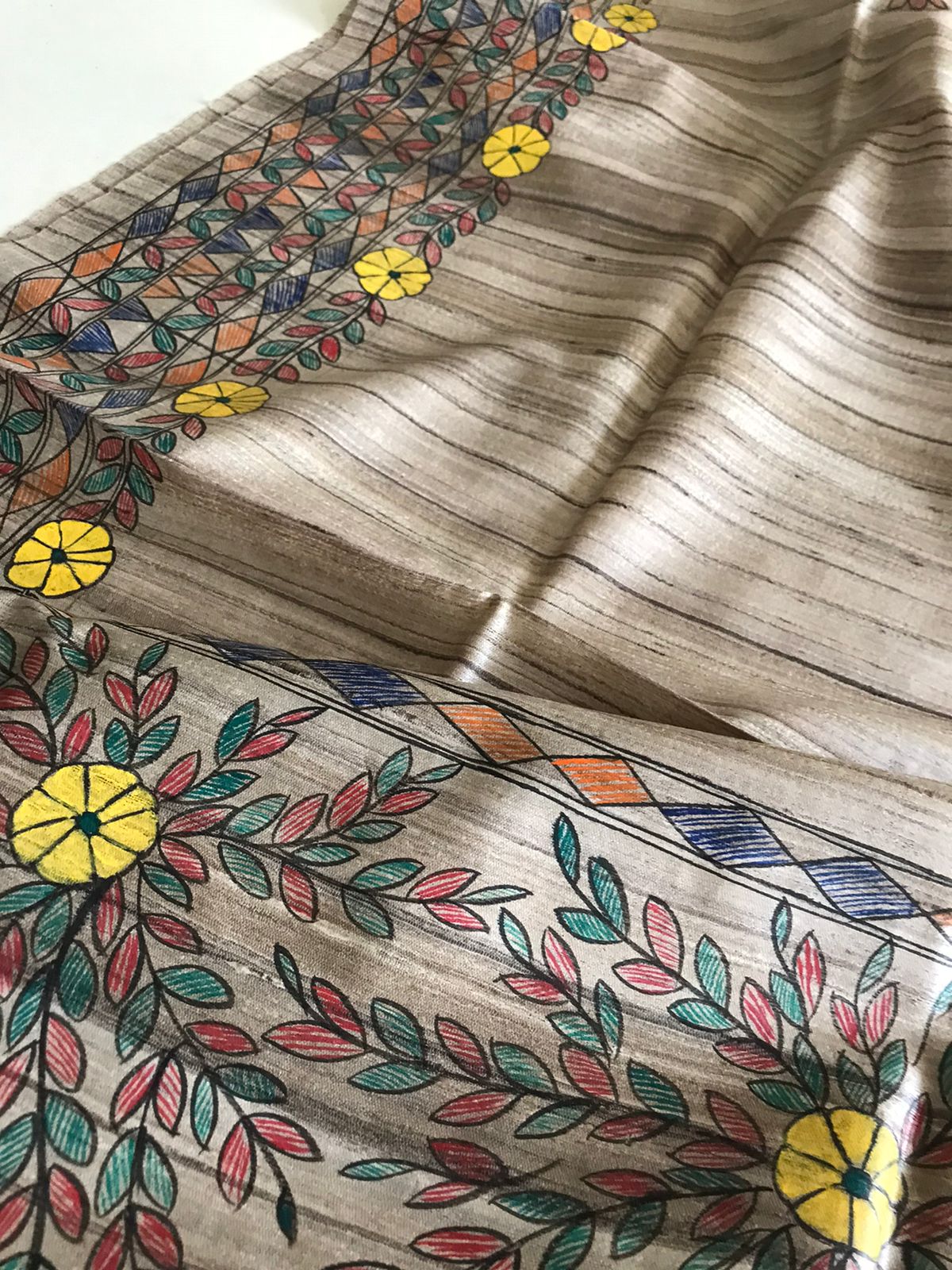 Pure Tussar Silk Handwoven saree with Madhubani Handpainting - Beige Multicolour