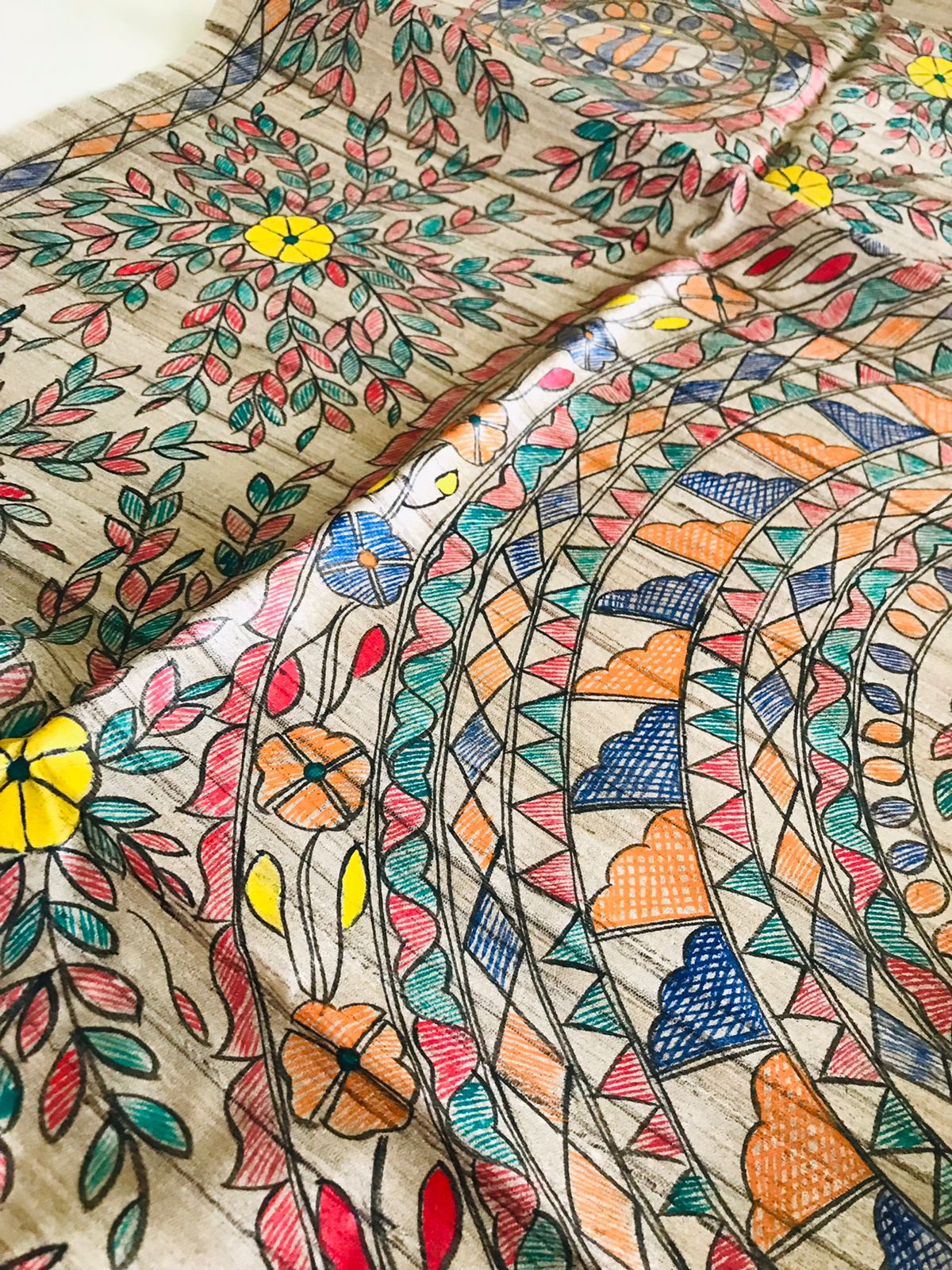 Pure Tussar Silk Handwoven saree with Madhubani Handpainting - Beige Multicolour