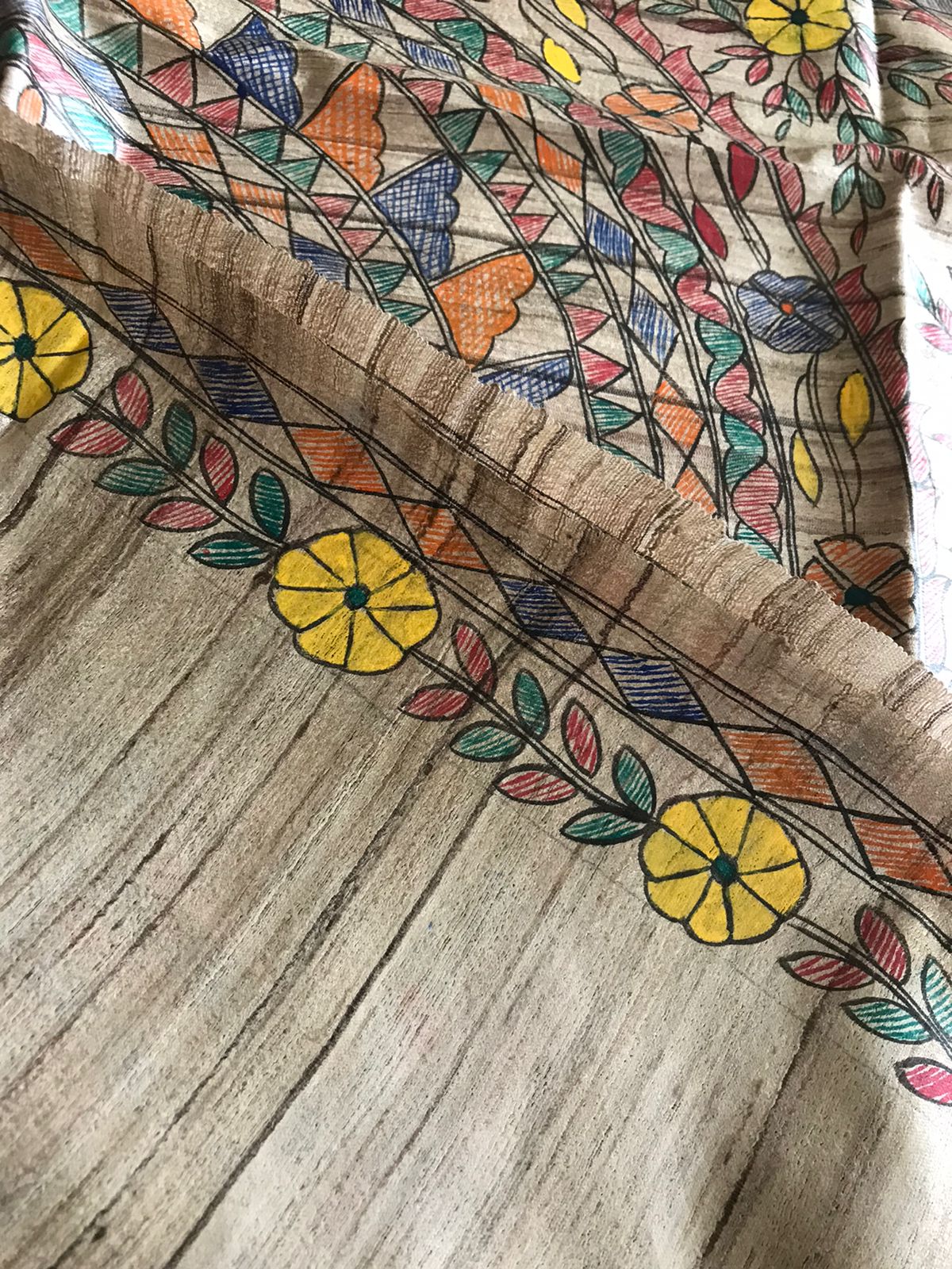 Pure Tussar Silk Handwoven saree with Madhubani Handpainting - Beige Multicolour