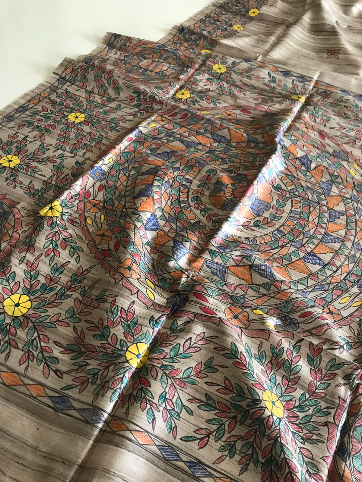 Pure Tussar Silk Handwoven saree with Madhubani Handpainting - Beige Multicolour