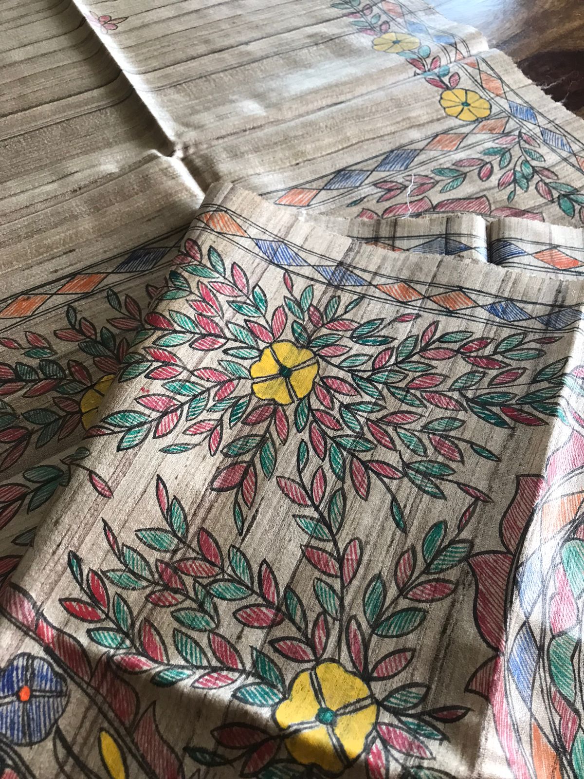 Pure Tussar Silk Handwoven saree with Madhubani Handpainting - Beige Multicolour