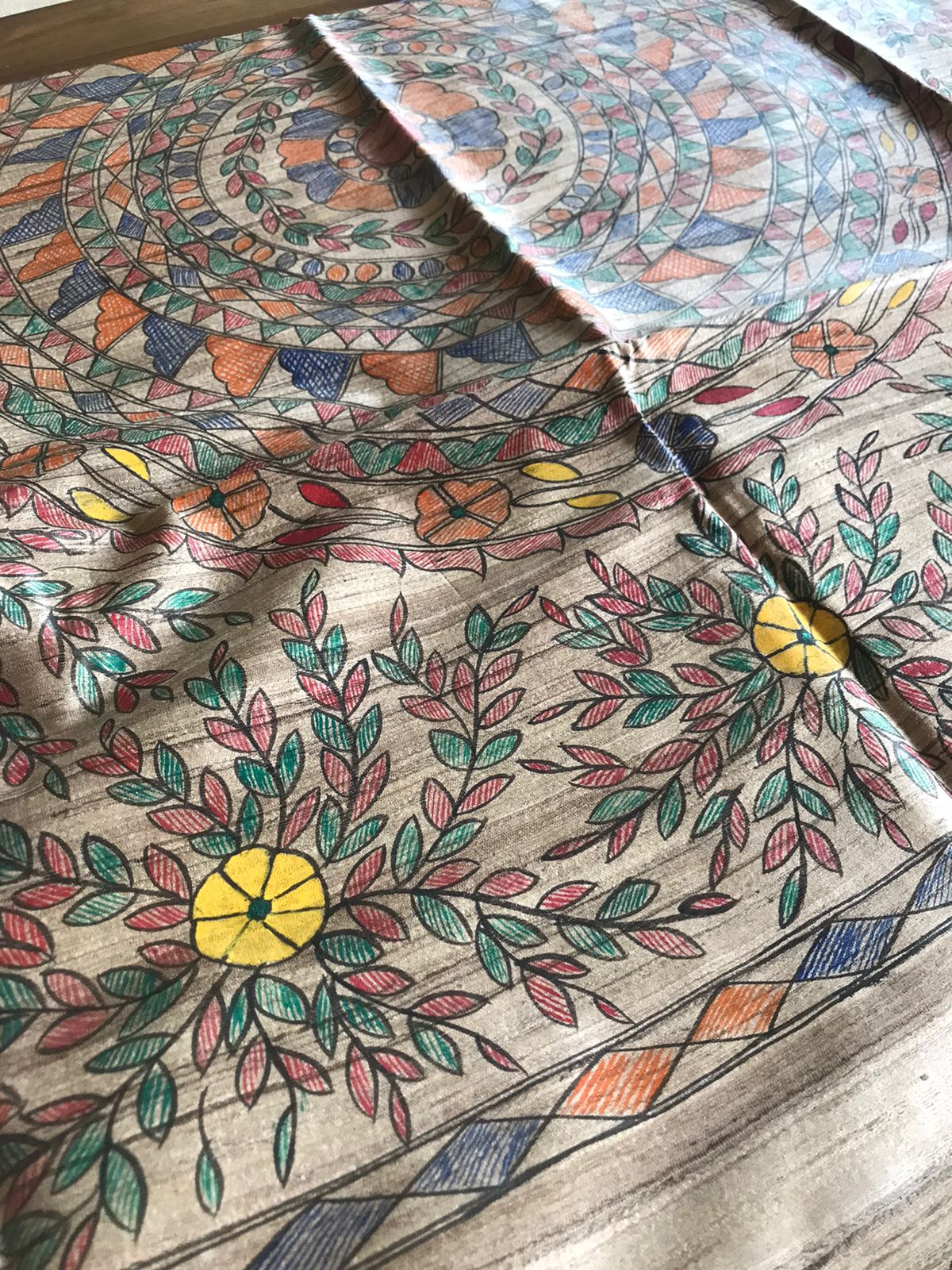 Pure Tussar Silk Handwoven saree with Madhubani Handpainting - Beige Multicolour