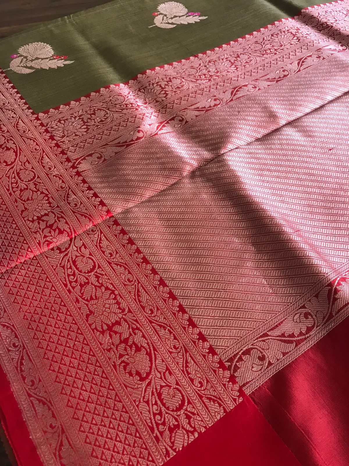 Pure Handloom Banarasi Tussar Silk saree - Olive Green and Red