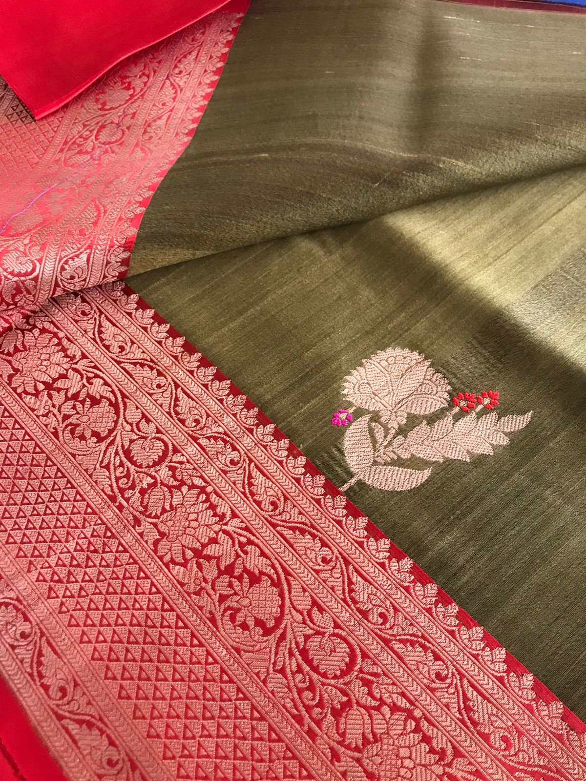 Pure Handloom Banarasi Tussar Silk saree - Olive Green and Red