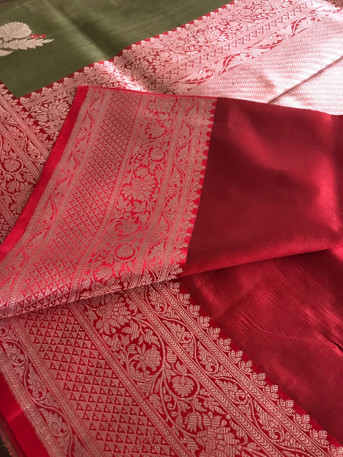 Pure Handloom Banarasi Tussar Silk saree - Olive Green and Red