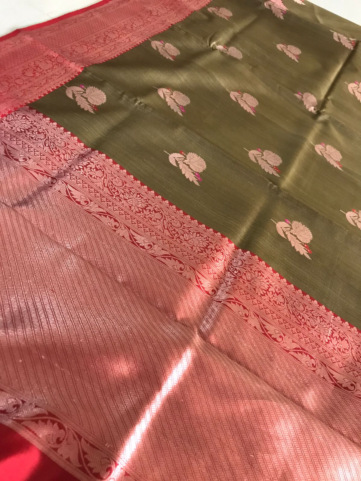 Pure Handloom Banarasi Tussar Silk saree - Olive Green and Red
