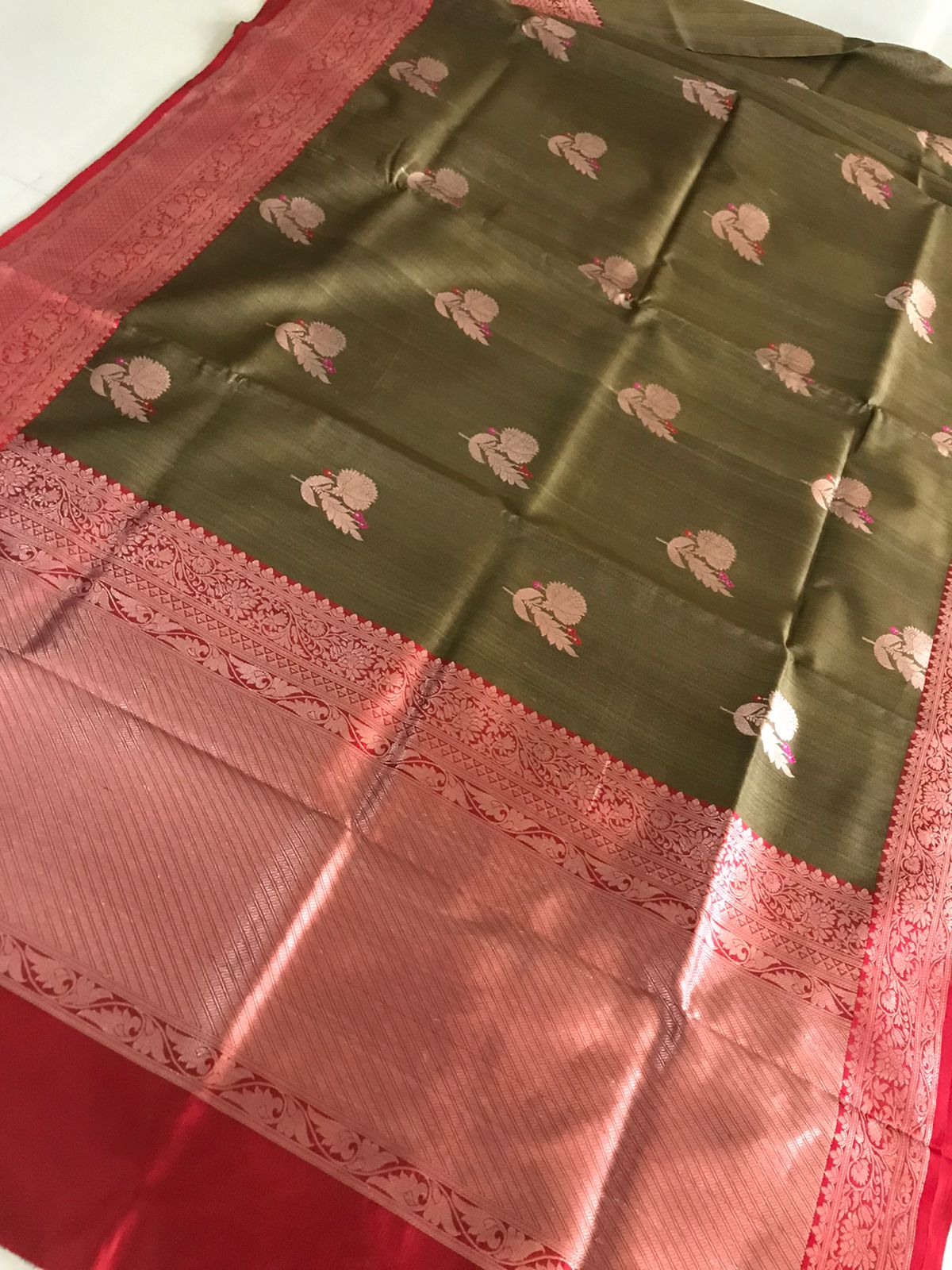 Pure Handloom Banarasi Tussar Silk saree - Olive Green and Red