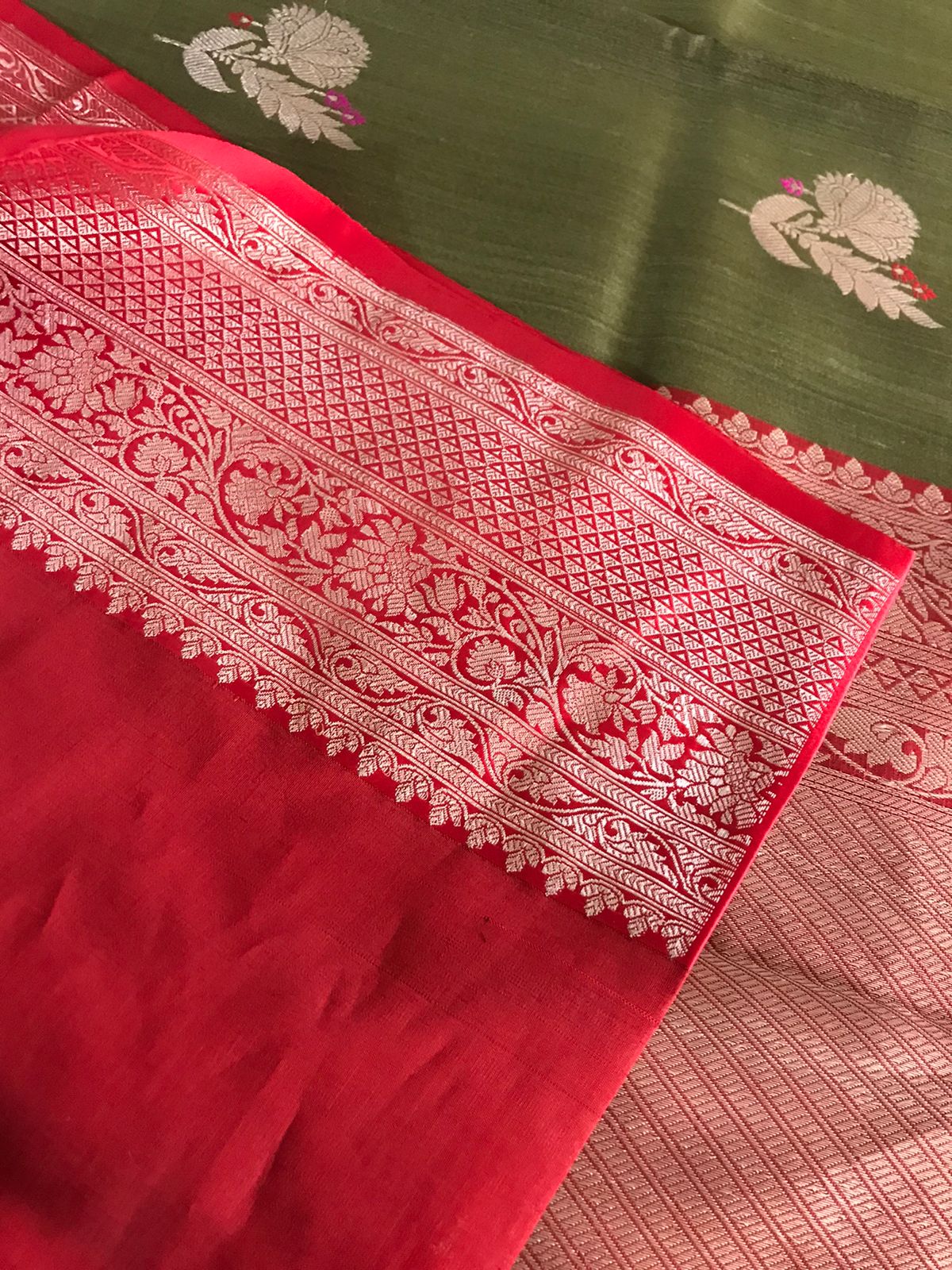 Pure Handloom Banarasi Tussar Silk saree - Olive Green and Red