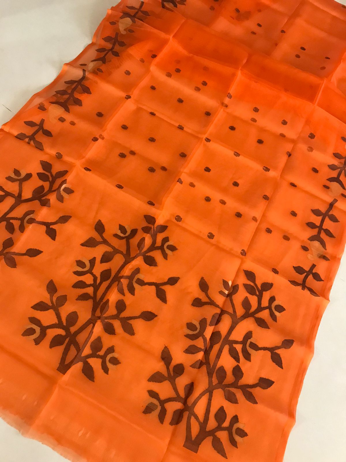 Pure Silk Jamdani Handloom saree- Orange with Black