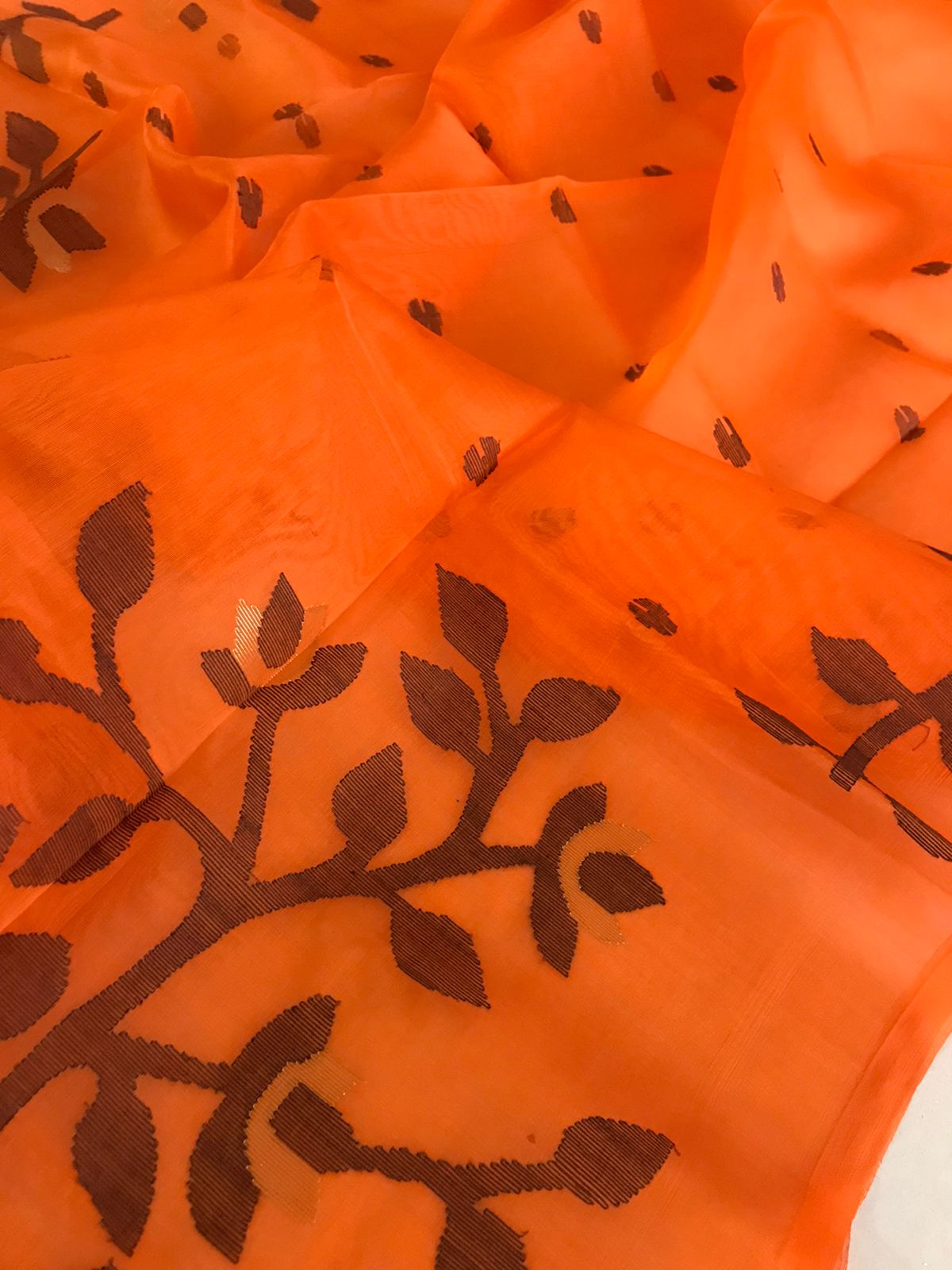 Pure Silk Jamdani Handloom saree- Orange with Black